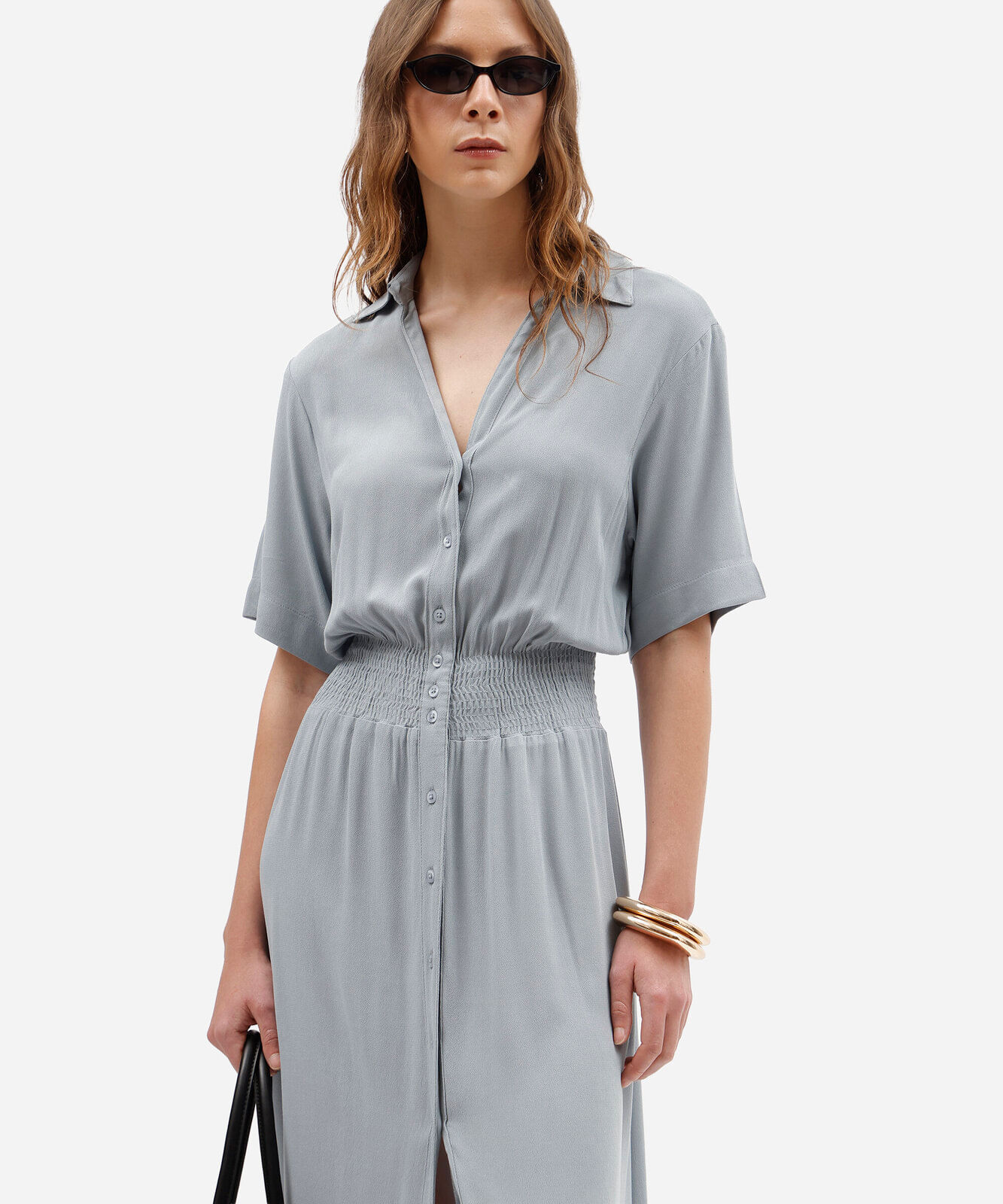 vestido midi chemise feminino de viscose manga curta com lastex azul