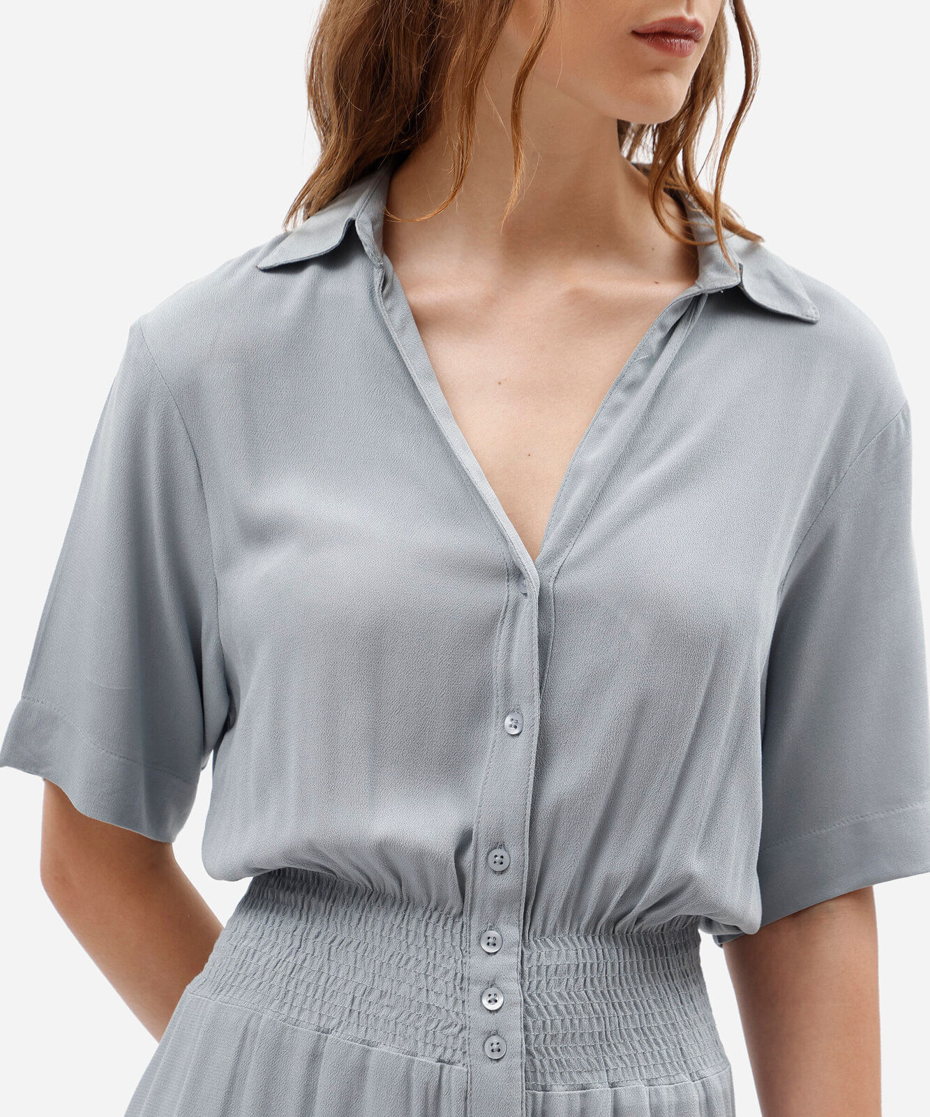 vestido midi chemise feminino de viscose manga curta com lastex azul