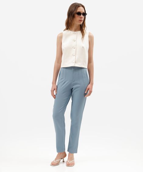calça de alfaiataria reta feminina com pences azul