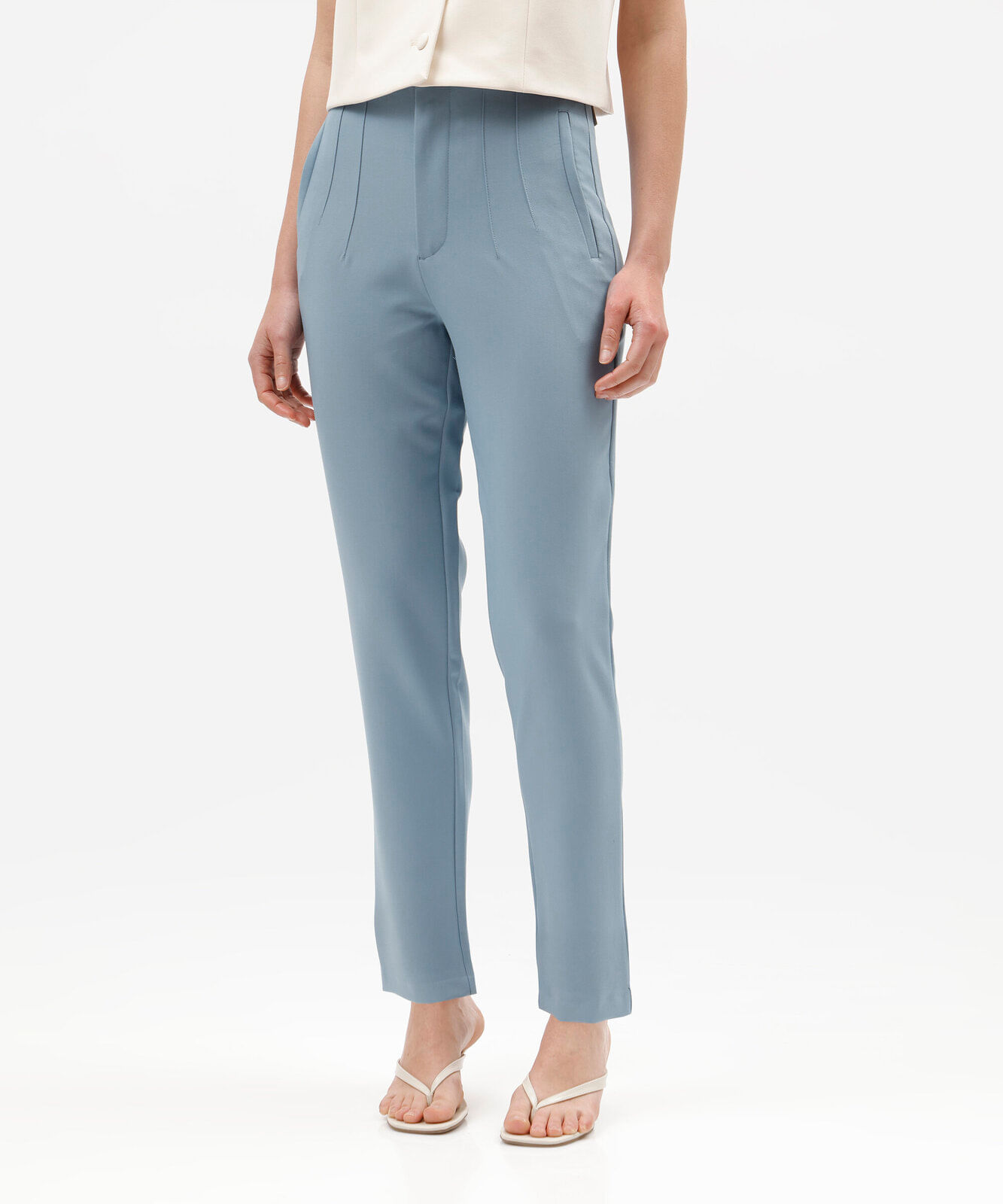 calça de alfaiataria reta feminina com pences azul
