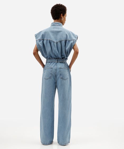macacão feminino jeans  manga curta azul