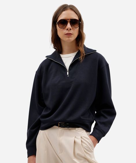 blusão feminino de moletom gola alta com zíper azul