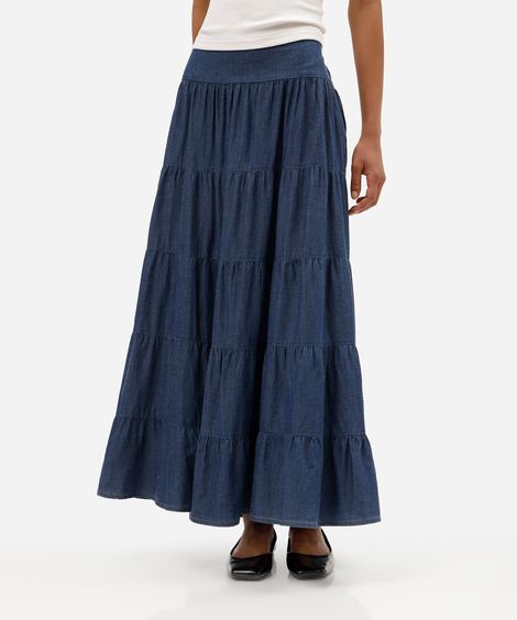 sala longa feminina jeans com recortes cós elástico azul