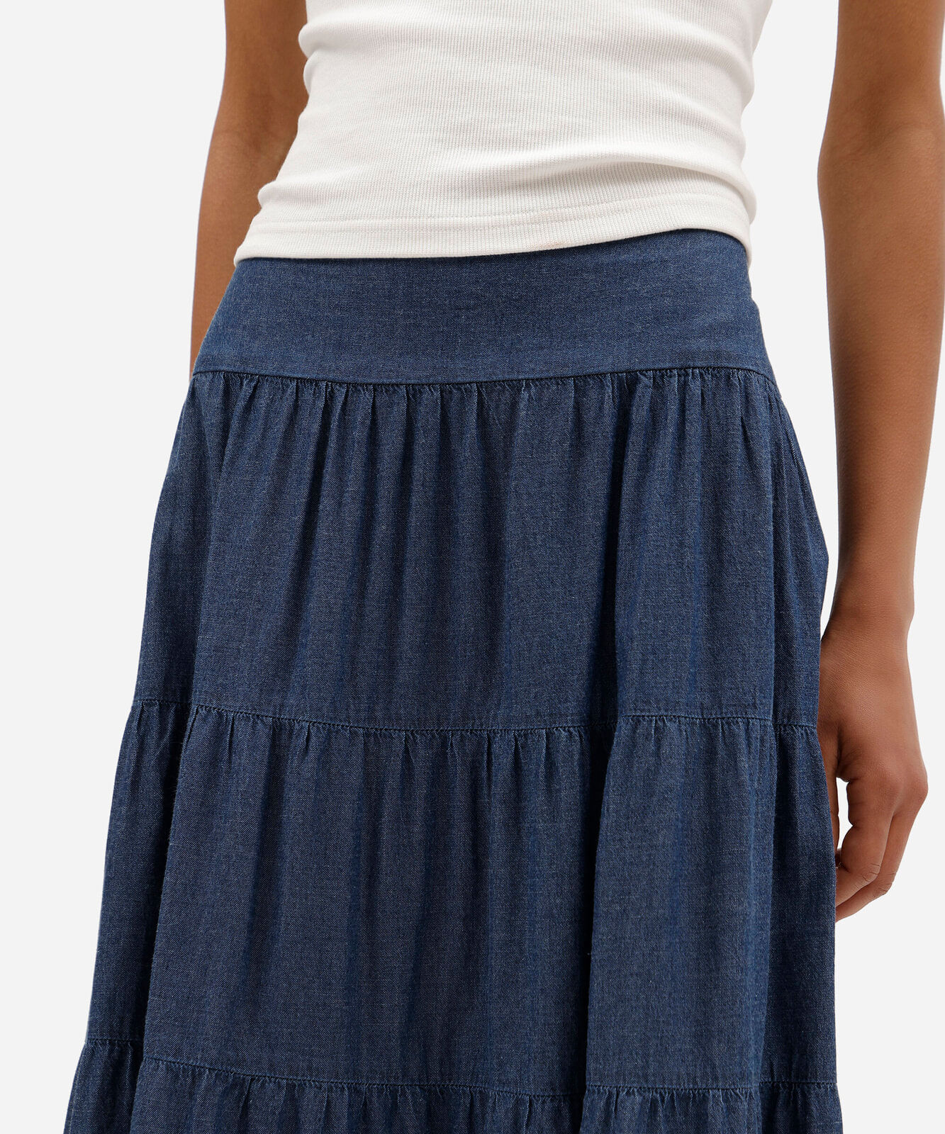 sala longa feminina jeans com recortes cós elástico azul