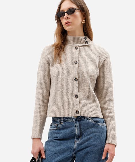 casaco feminino de tricot gola alta canelado bege