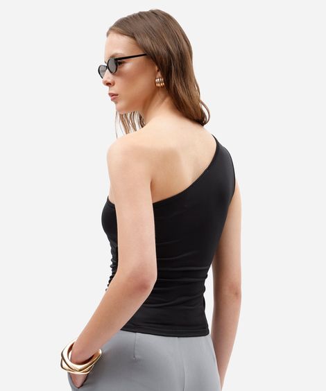 blusa ombro único feminina franzida com nó preta