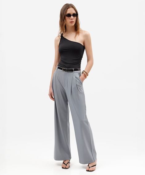calça de alfaiataria wide leg feminina com pregas cinza