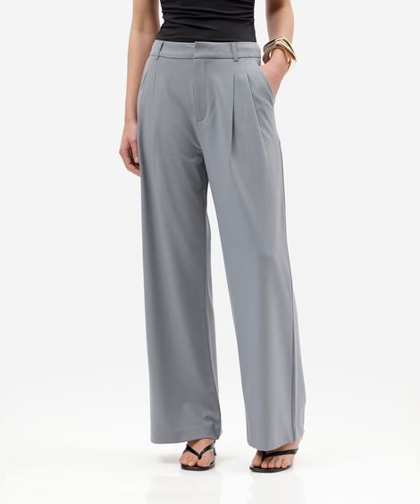 calça de alfaiataria wide leg feminina com pregas cinza