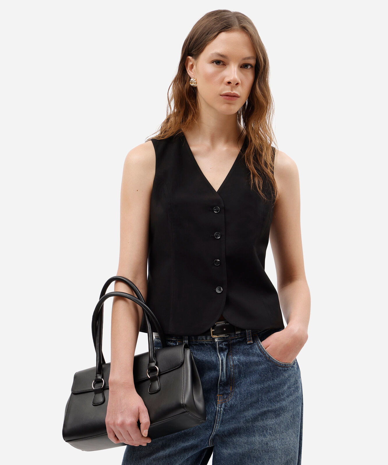 colete de alfaiataria feminino com viscose decote v preto