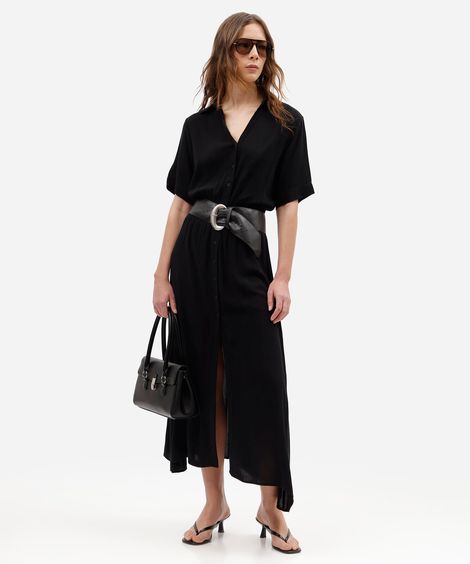 vestido midi chemise feminino de viscose manga curta com lastex preto