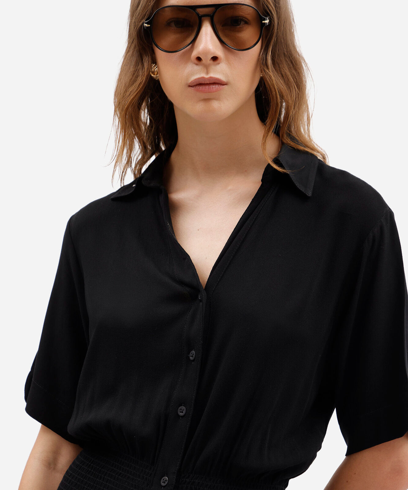 vestido midi chemise feminino de viscose manga curta com lastex preto