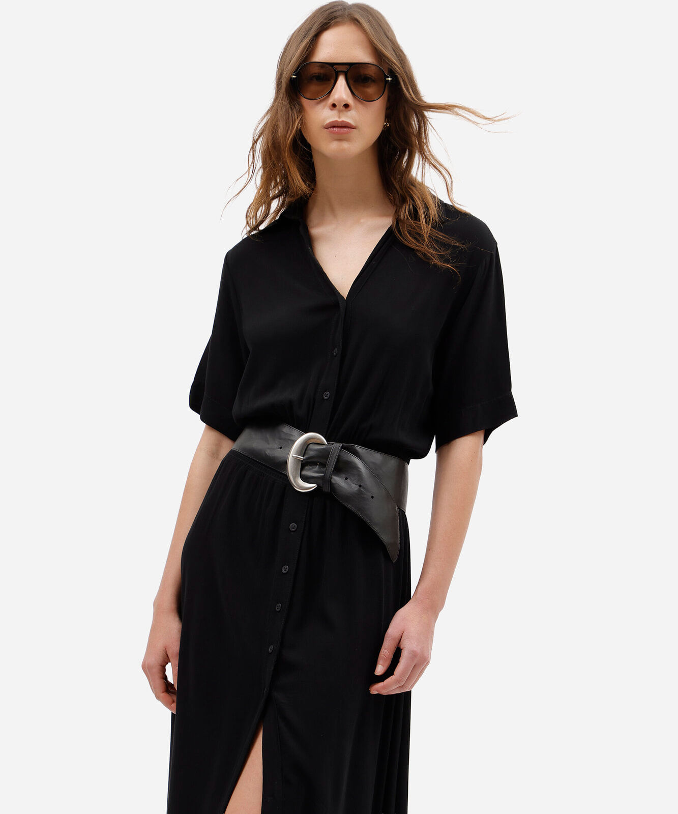vestido midi chemise feminino de viscose manga curta com lastex preto