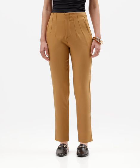 calça de alfaiataria reta feminina com pences marrom
