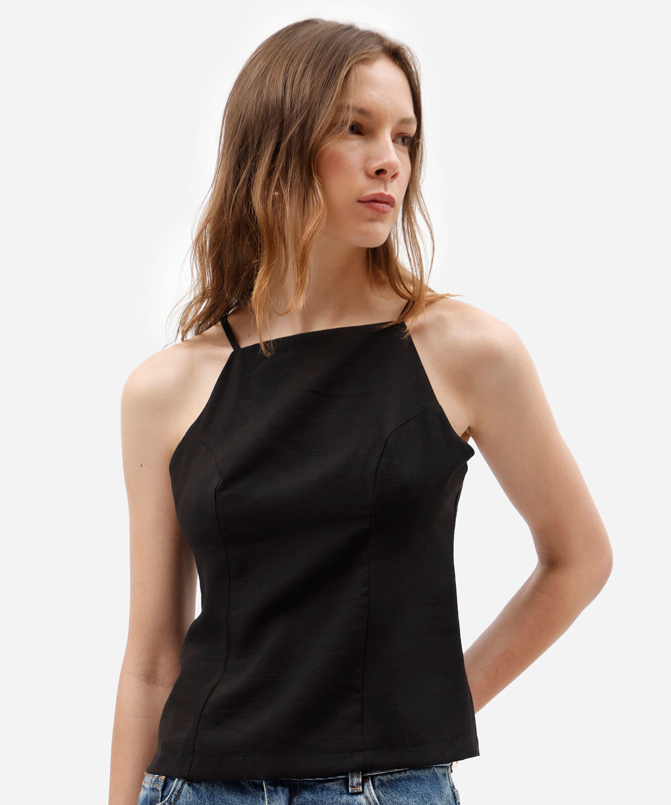 blusa alça fina feminina com viscose halterneck preta