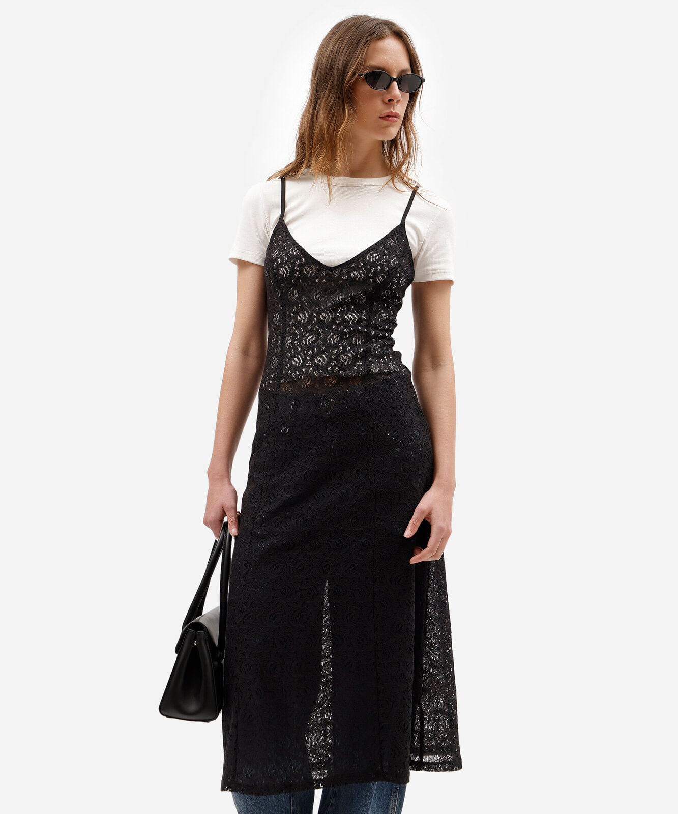 vestido midi feminino de renda decote v alça fina floral preto