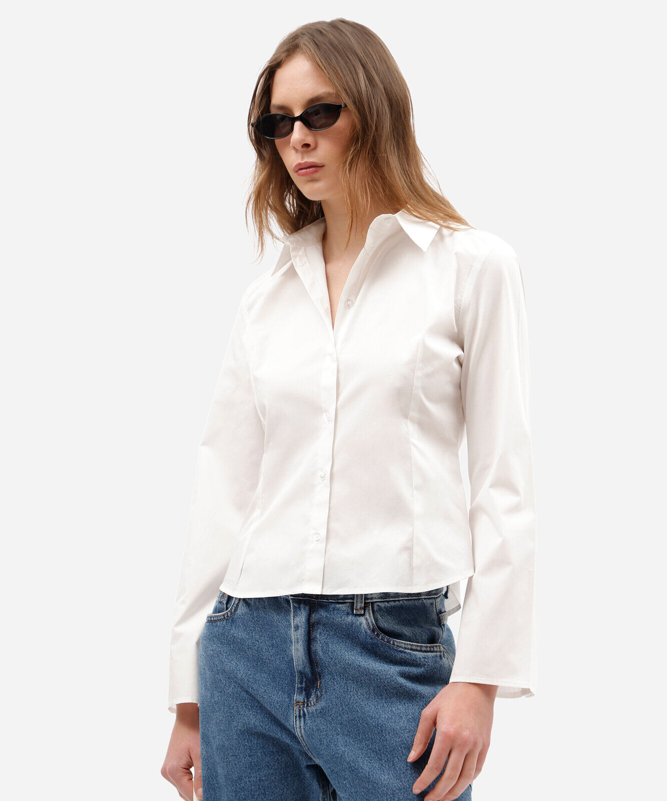 camisa acinturada feminina de algodão manga longa off white