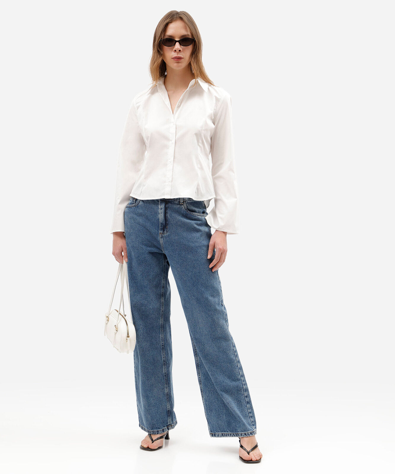 camisa acinturada feminina de algodão manga longa off white