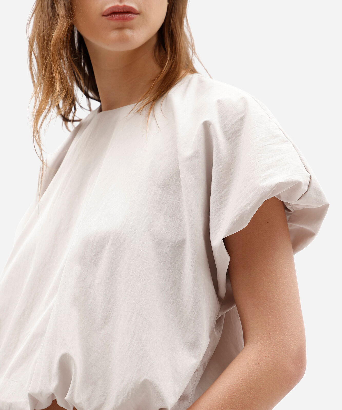 blusa balonê feminina com poliamida manga curta bege