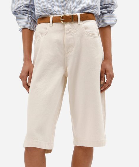 bermuda jorts feminina de sarja com cinto cintura alta bege