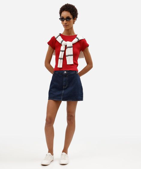 short saia feminino jeans cintura média texturizado azul