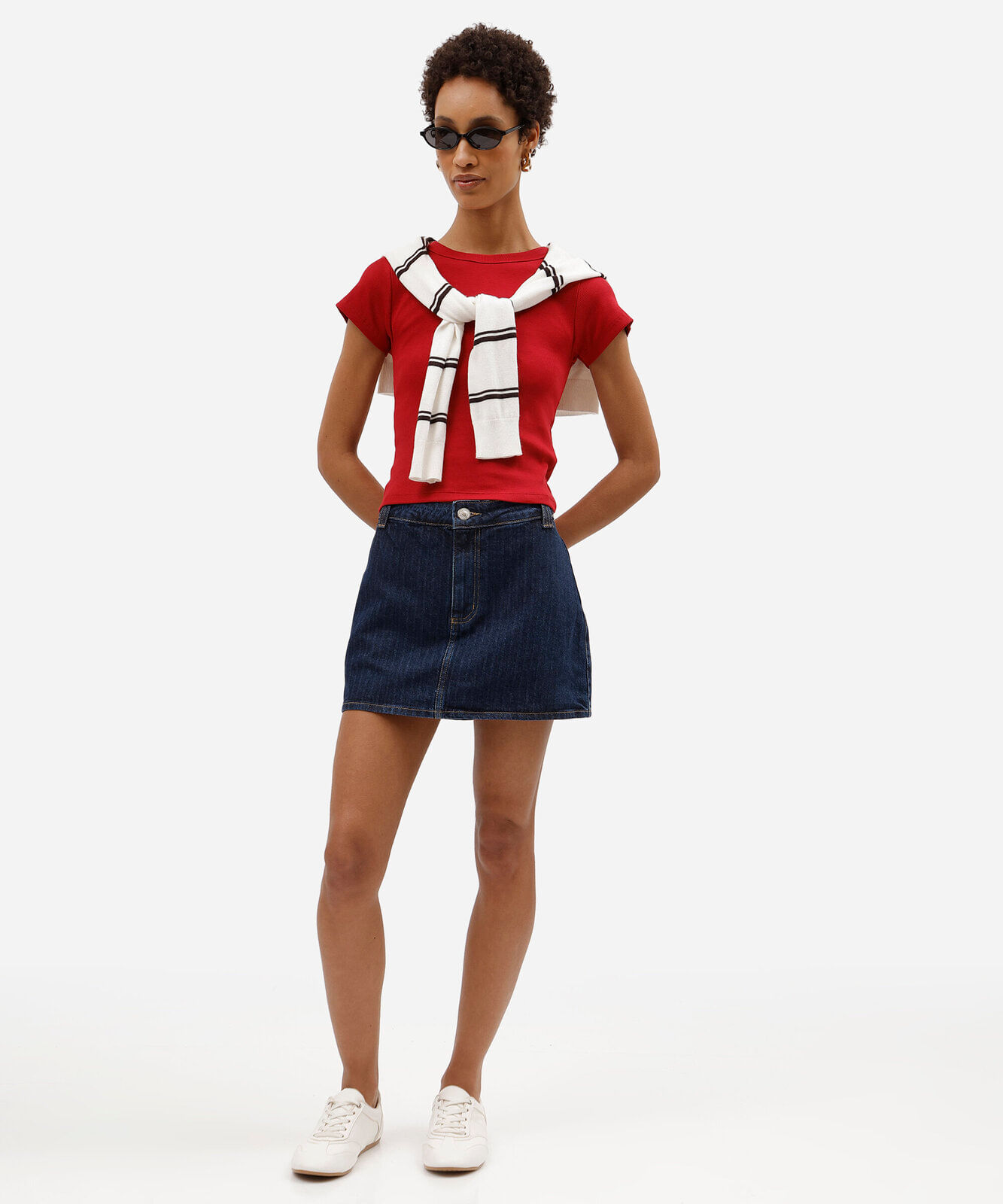 short saia feminino jeans cintura média texturizado azul