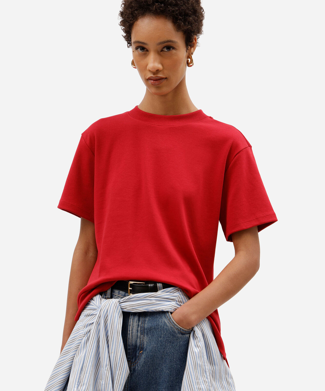 camiseta básica feminina de algodão peruano oversized com fendas vermelha