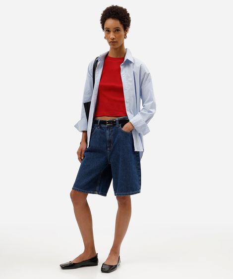 bermuda reta feminina jeans cintura média azul