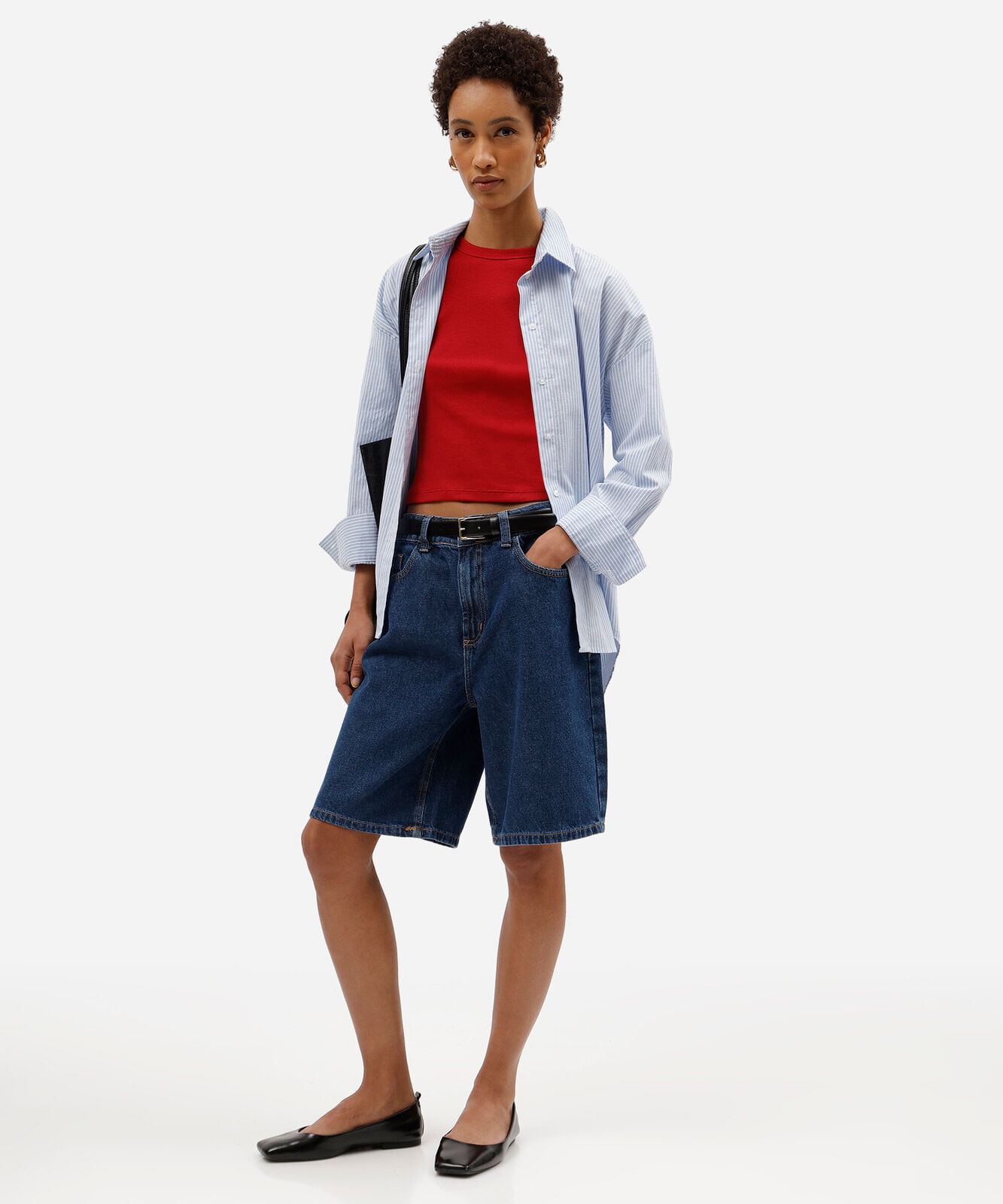 bermuda reta feminina jeans cintura média azul