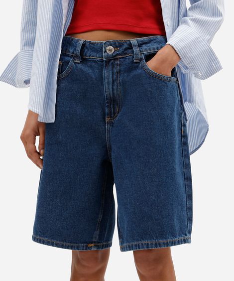 bermuda reta feminina jeans cintura média azul