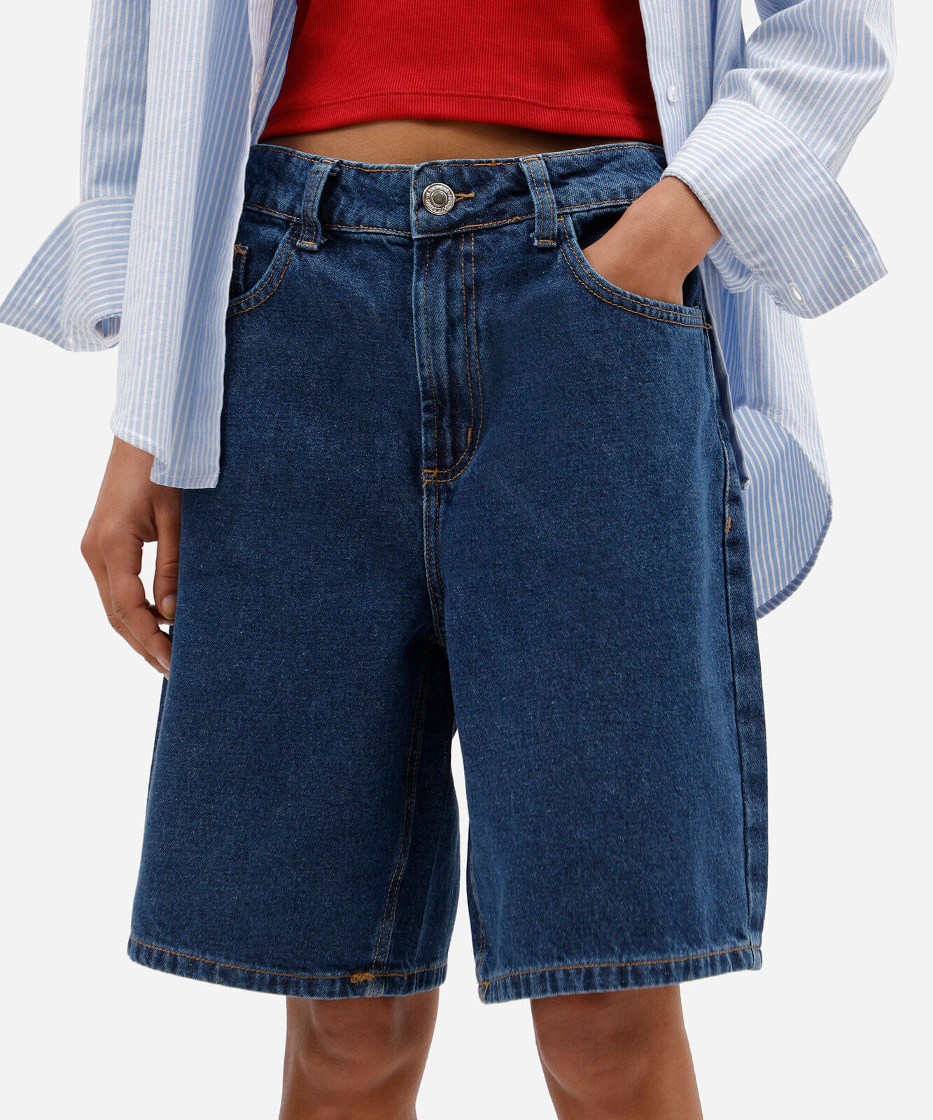 bermuda reta feminina jeans cintura média azul