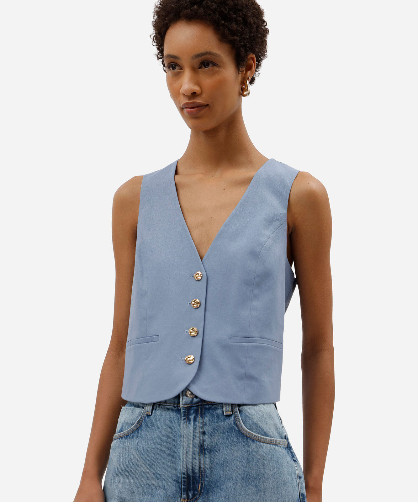colete de alfaiataria feminino com linho azul