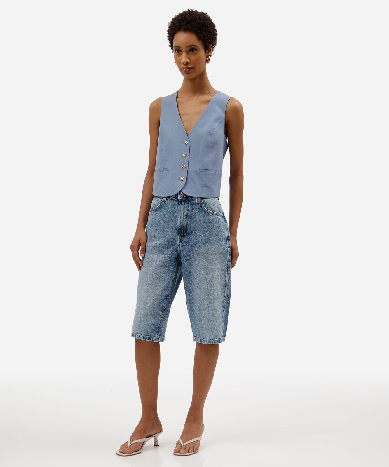 bermuda jorts feminina jeans cintura alta azul