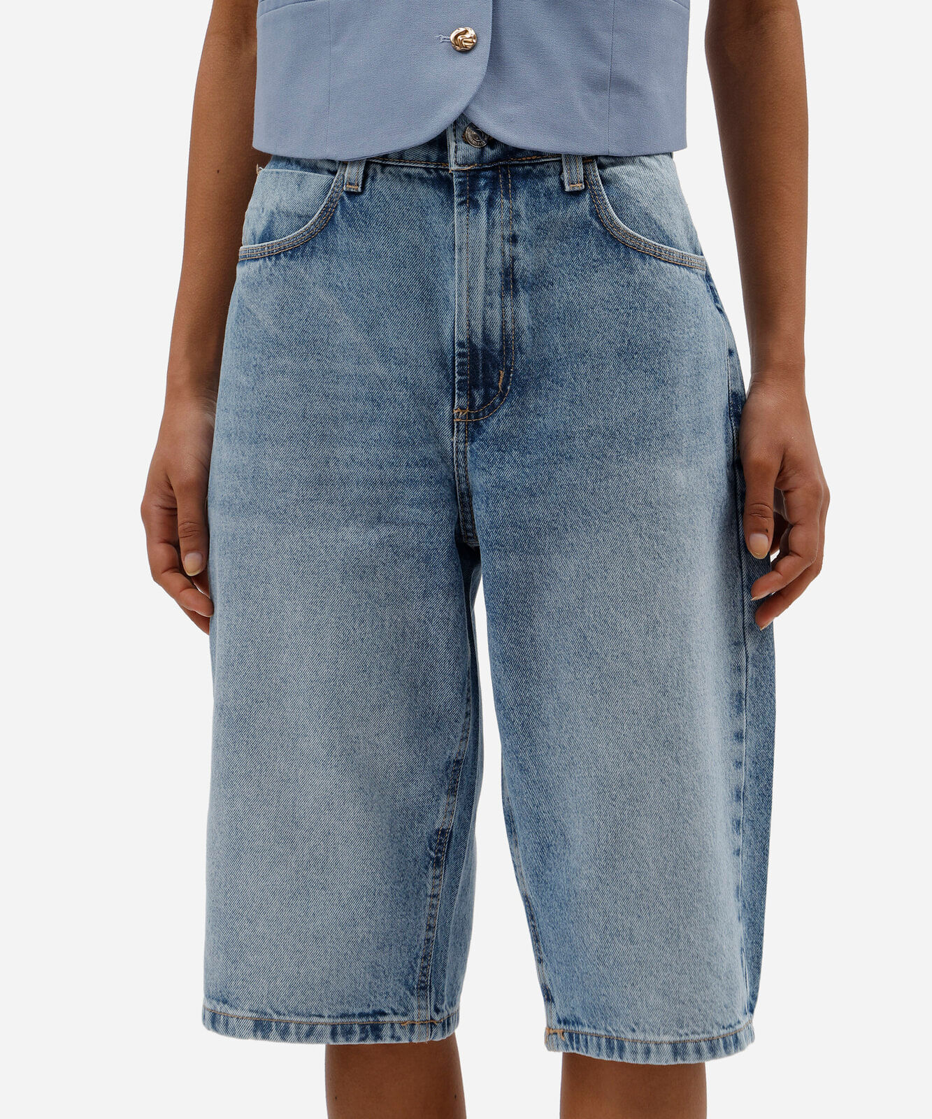 bermuda jorts feminina jeans cintura alta azul