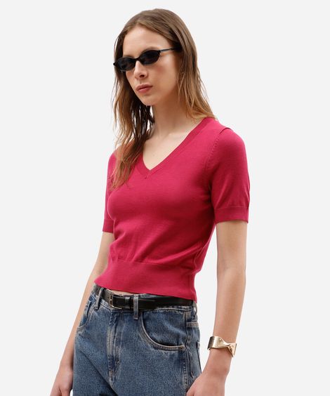 blusa cropped feminina de tricot decote v manga curta rosa