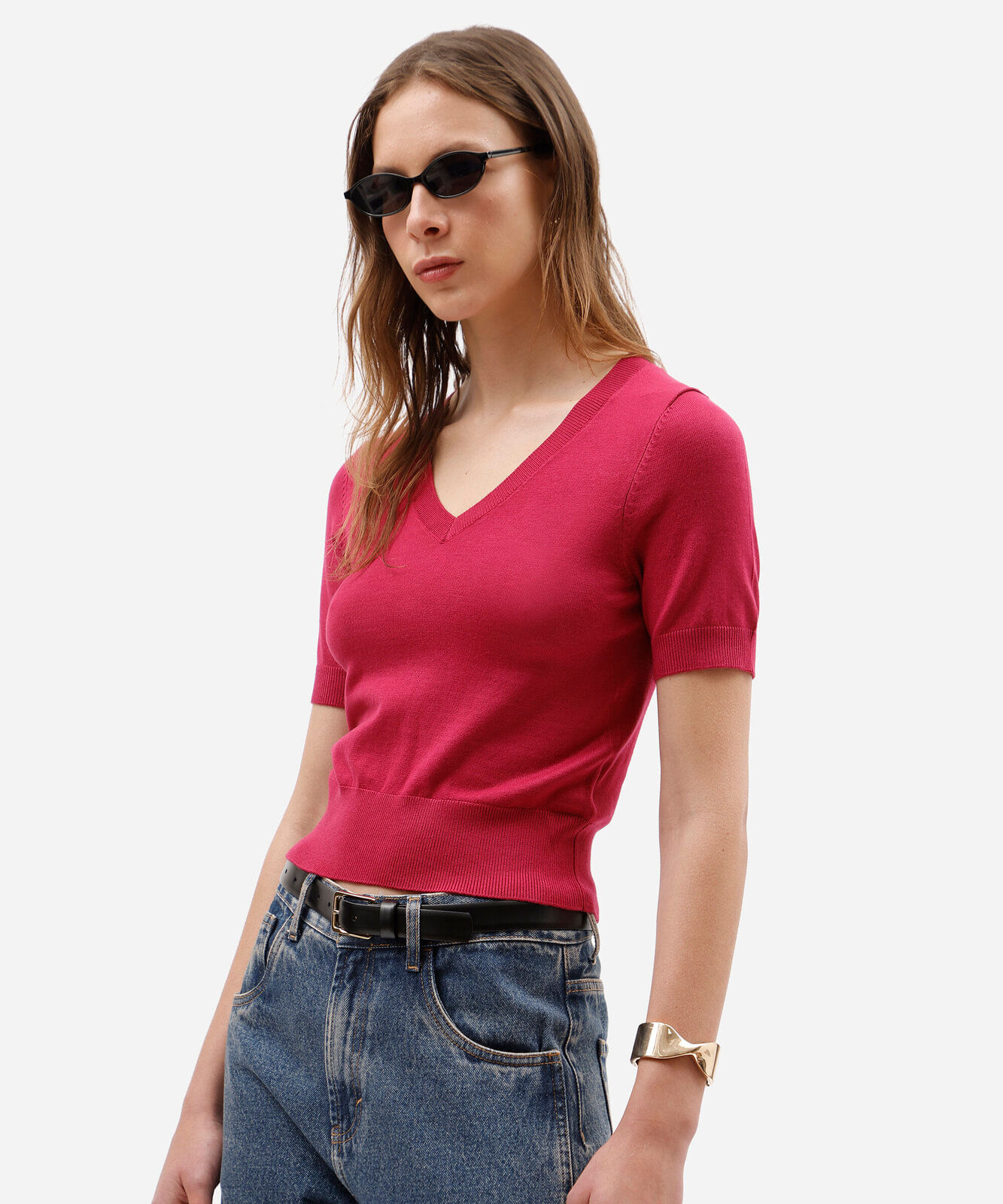 blusa cropped feminina de tricot decote v manga curta rosa