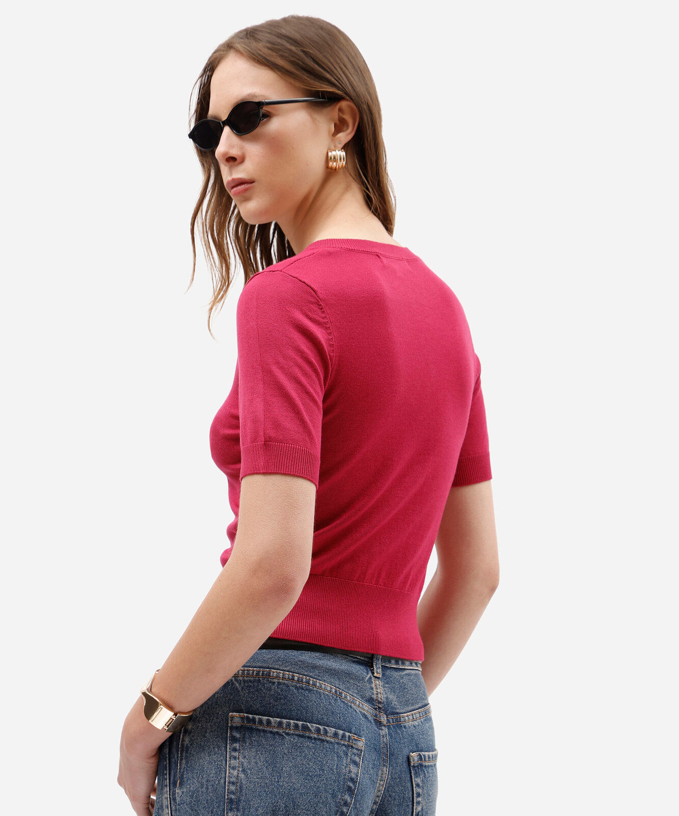 blusa cropped feminina de tricot decote v manga curta rosa
