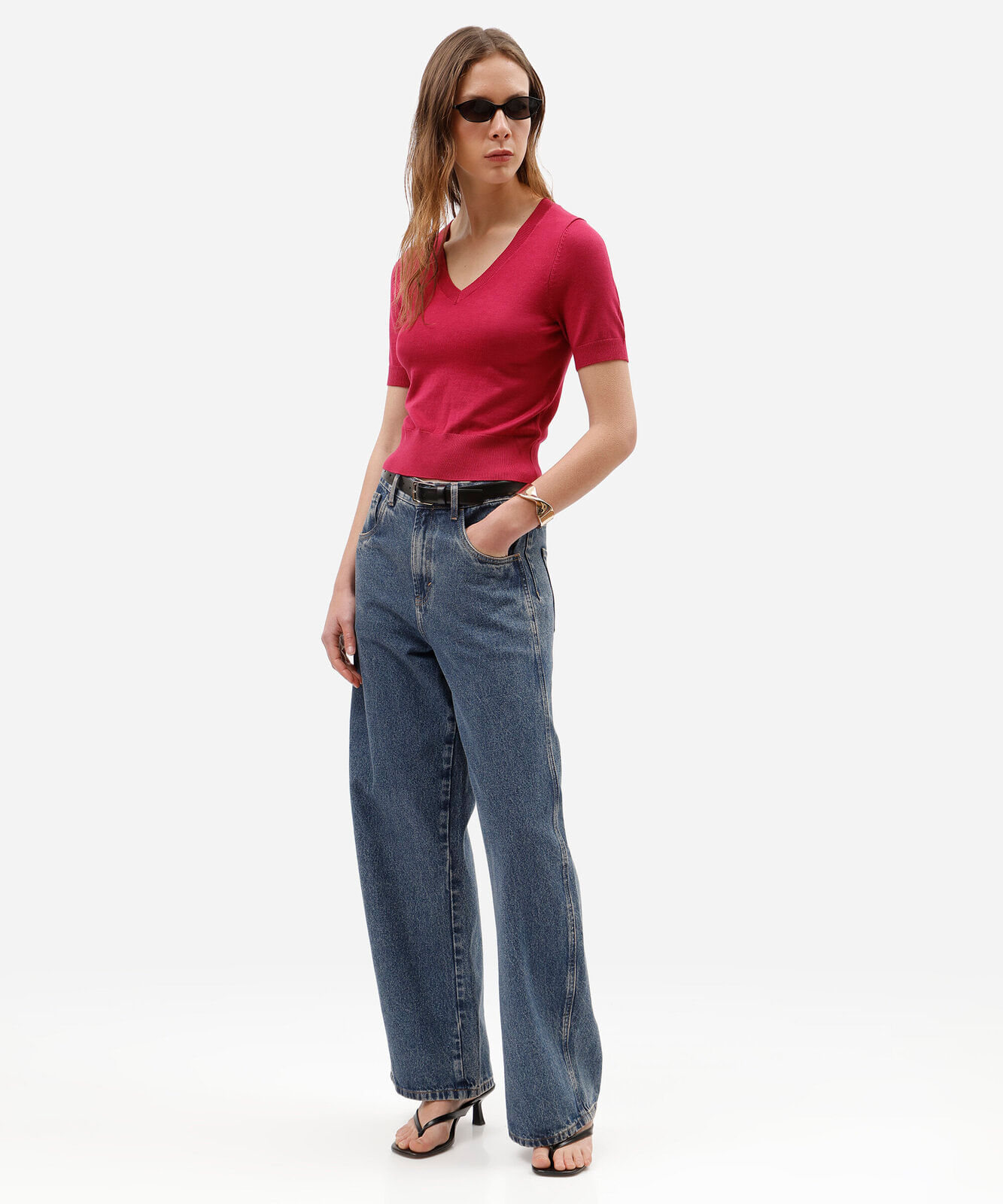 blusa cropped feminina de tricot decote v manga curta rosa