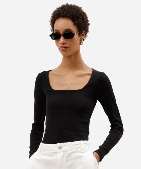blusa feminina de algodão decote quadrado manga longa canelada preta
