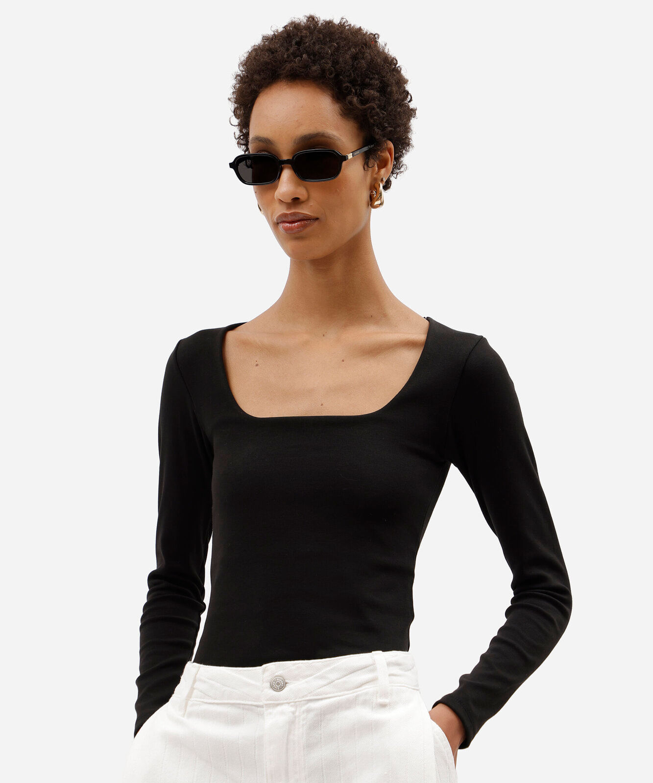 blusa feminina de algodão decote quadrado manga longa canelada preta