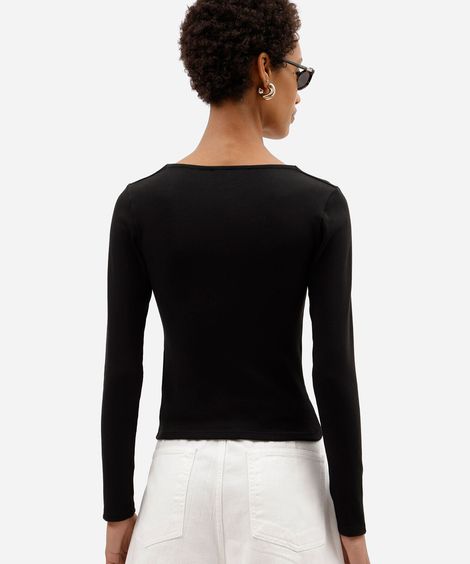 blusa feminina de algodão decote quadrado manga longa canelada preta