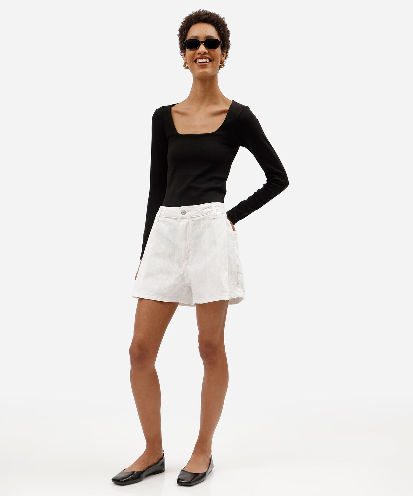 blusa feminina de algodão decote quadrado manga longa canelada preta
