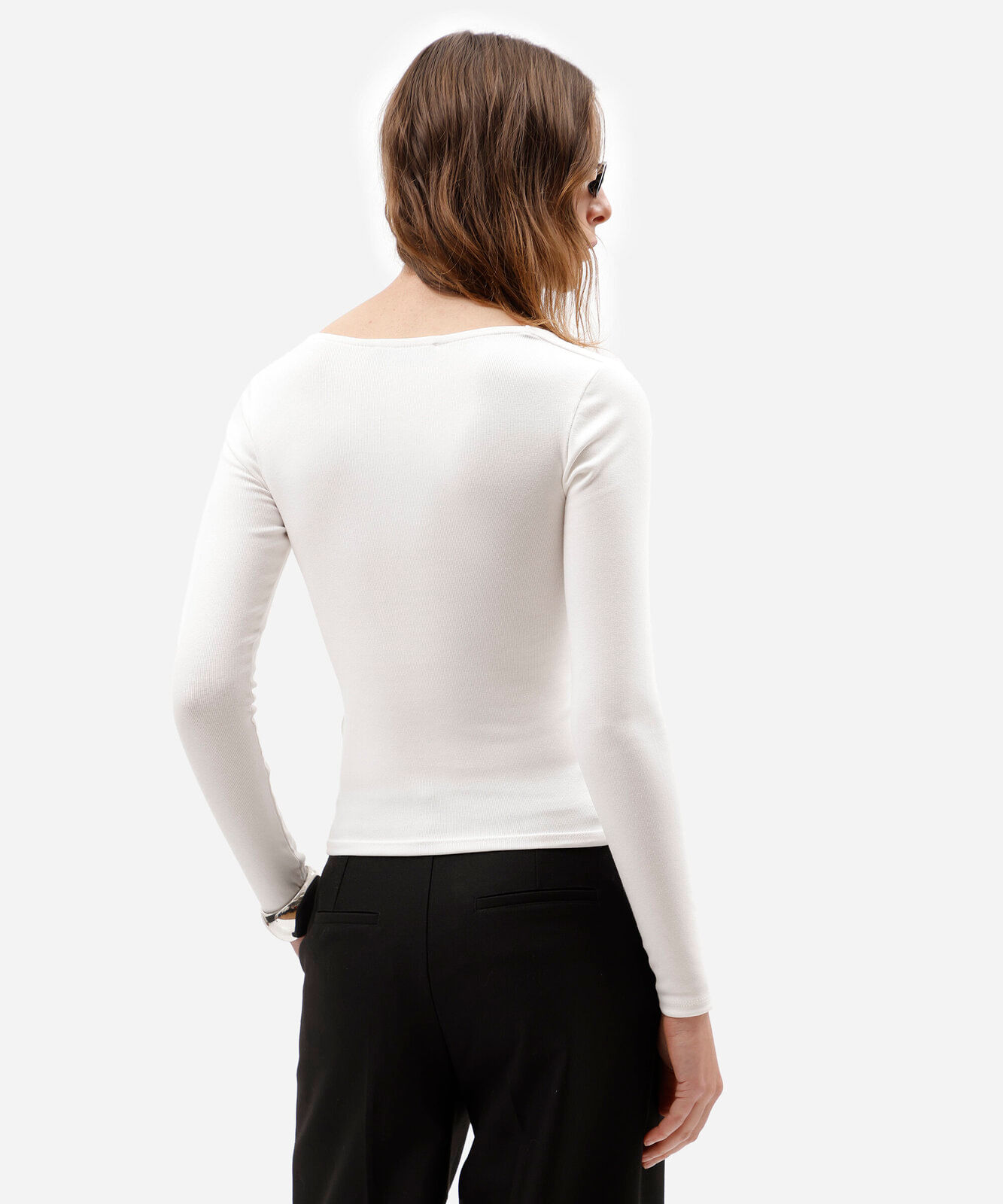 blusa feminina de algodão decote quadrado manga longa canelada off white