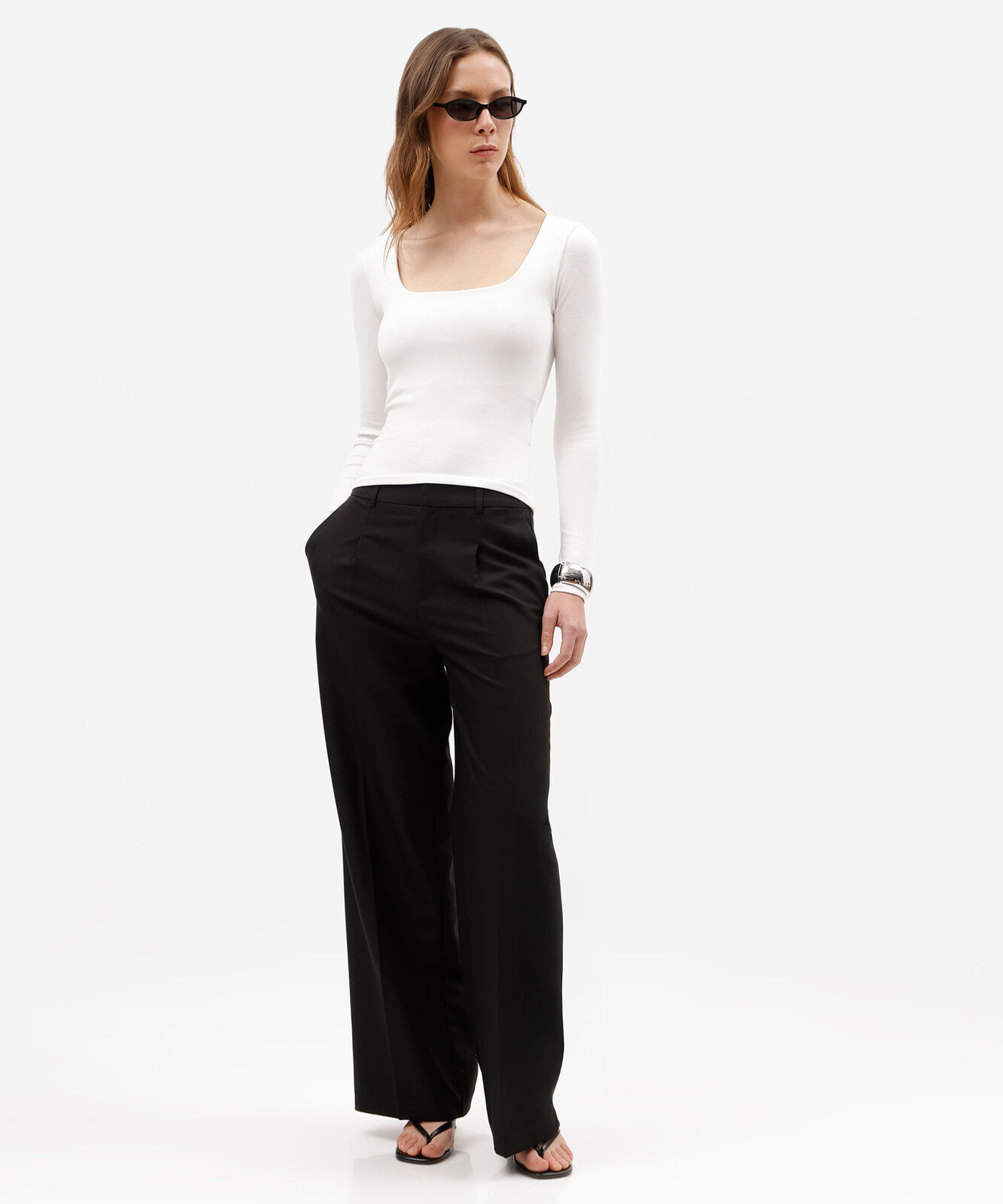 blusa feminina de algodão decote quadrado manga longa canelada off white