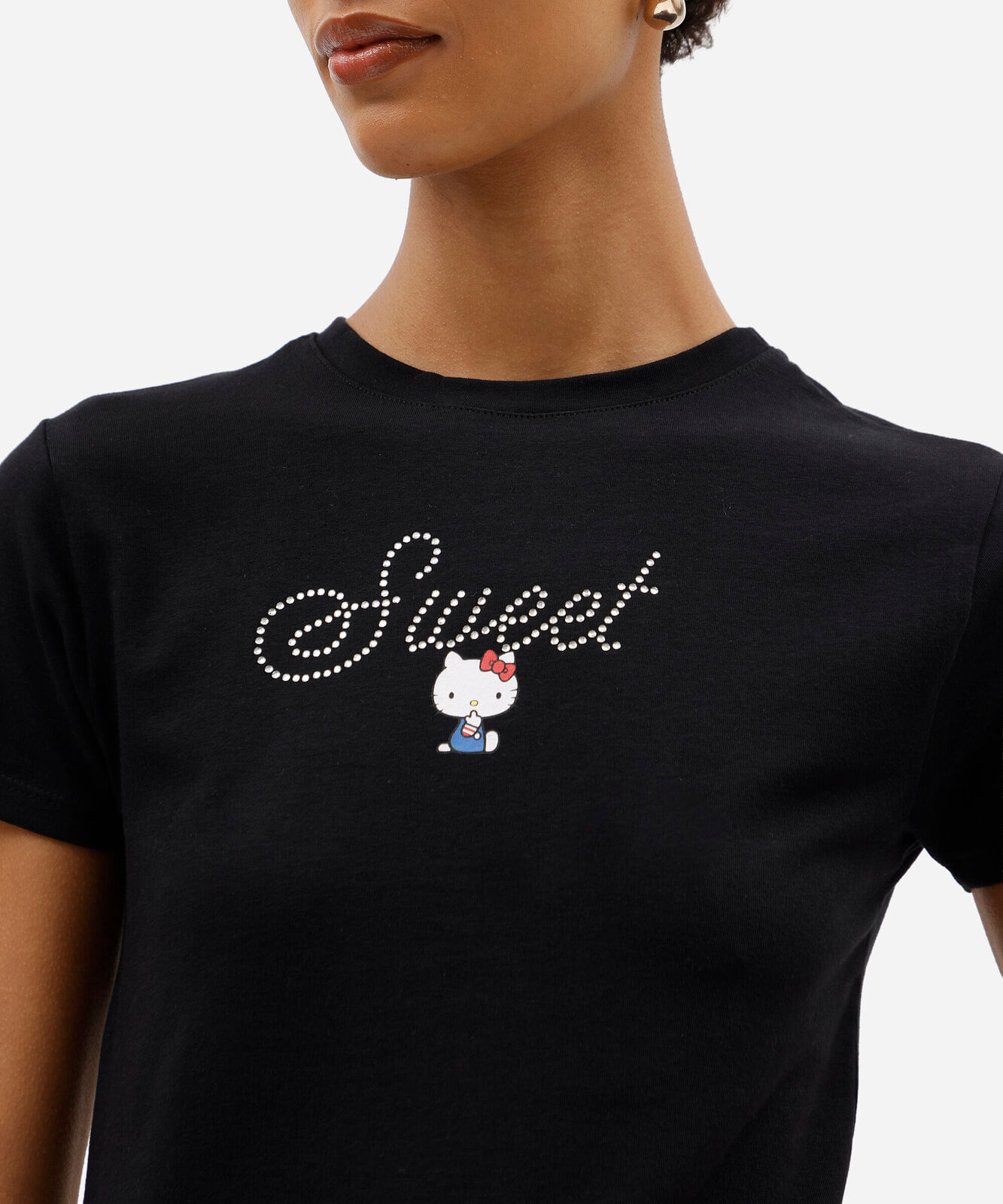 blusa baby look feminina de algodão manga curta hello kitty com brilhos preta