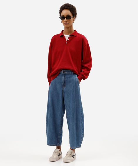 calça balloon feminina jeans cintura média texturizada azul