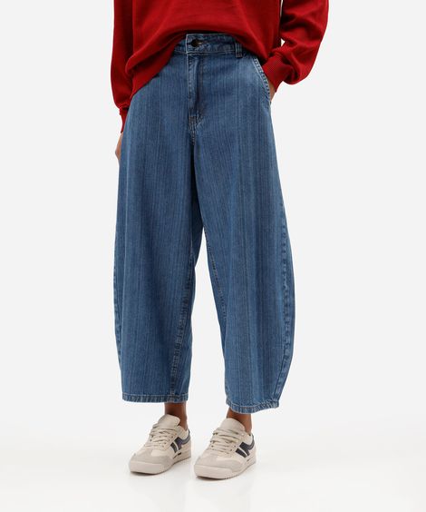 calça balloon feminina jeans cintura média texturizada azul