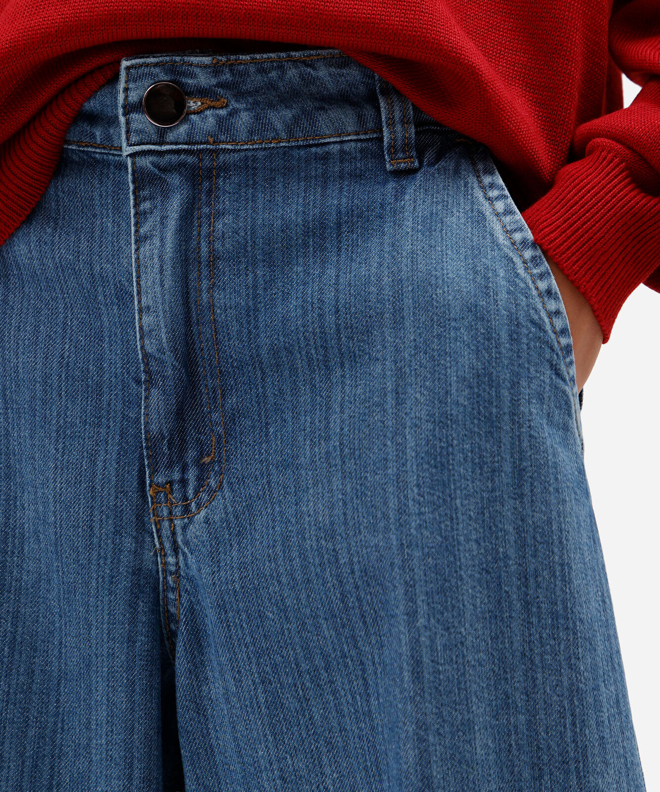 calça balloon feminina jeans cintura média texturizada azul
