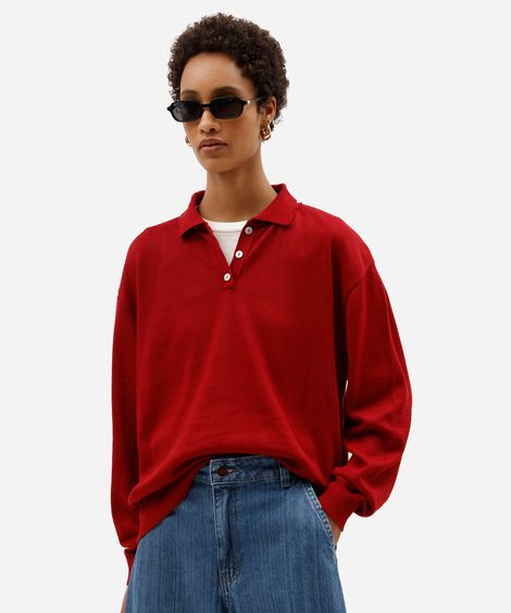suéter feminino de tricot com gola vermelho