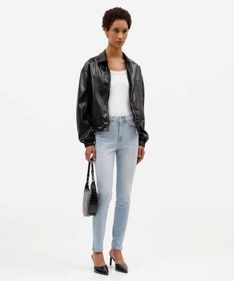 calça skinny feminina jeans cintura alta com fendas azul