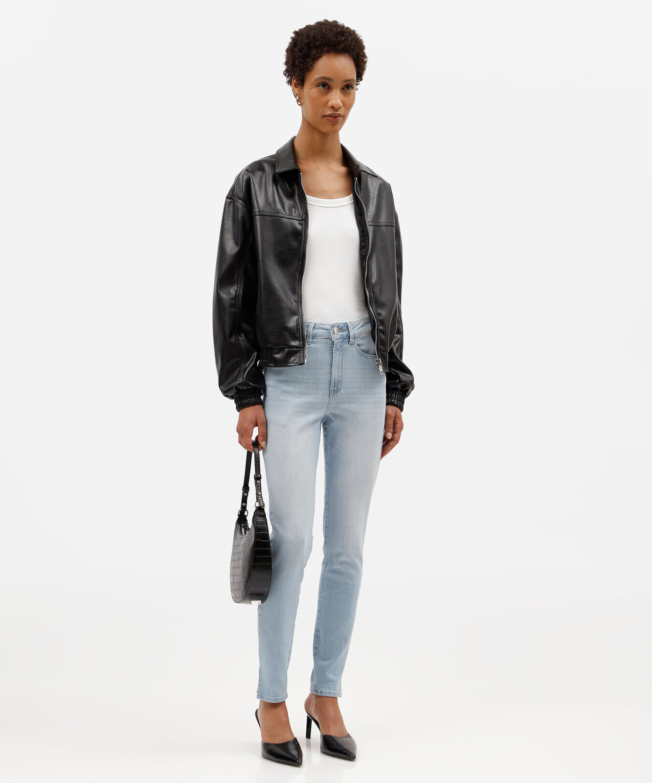 calça skinny feminina jeans cintura alta com fendas azul